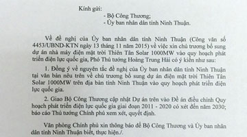 Chính phủ cho phép bổ xung 1000MW vào nhà máy điện mặt trời Thiên Tân tại Ninh Thuận